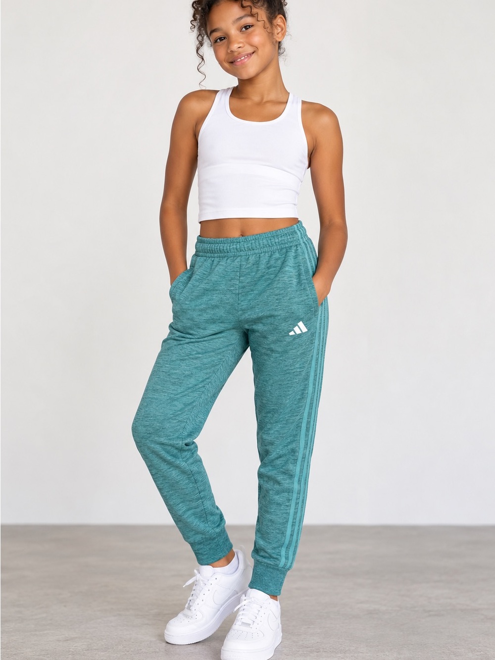adidas Teal Green Kids Joggers with Side Stripes